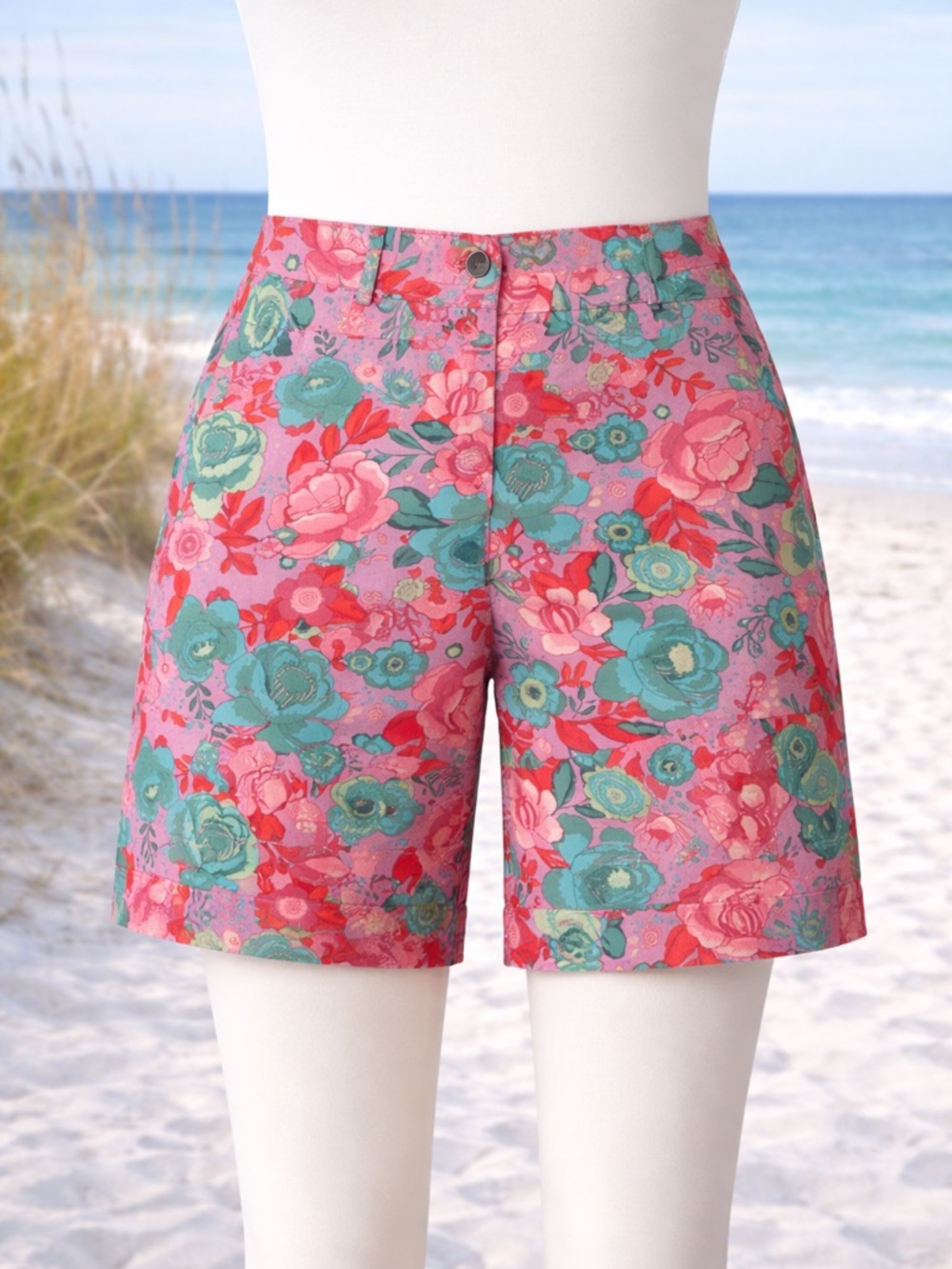 Talbots Relaxed Chino Shorts Sketched Bloom Floral Pink Teal 7” Inseam Size 12